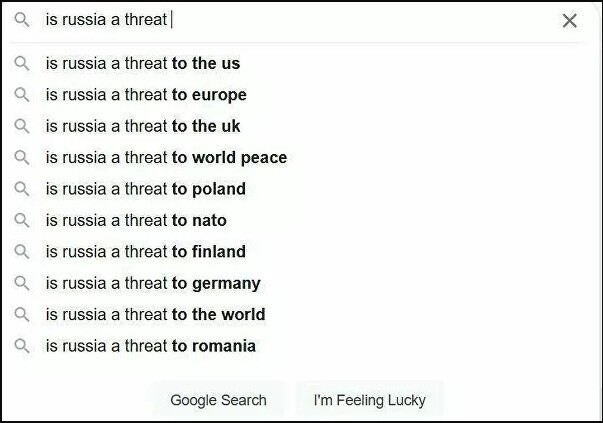 Автозаполнение Google "Россия угрожает"