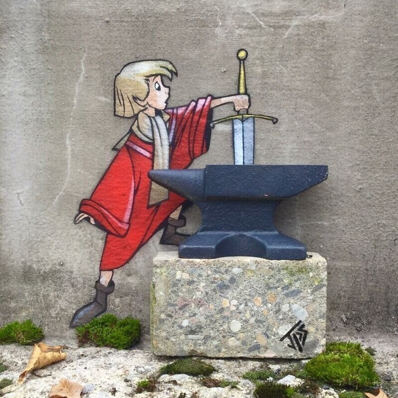 Художник создает граффити, взаимодействующие с окружающей средой