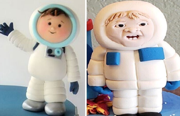 "На годовщину сына заказали космический торт с фигуркой космонавта наверху. Слева - заказанный космонавт, справа - то, что мы получили"