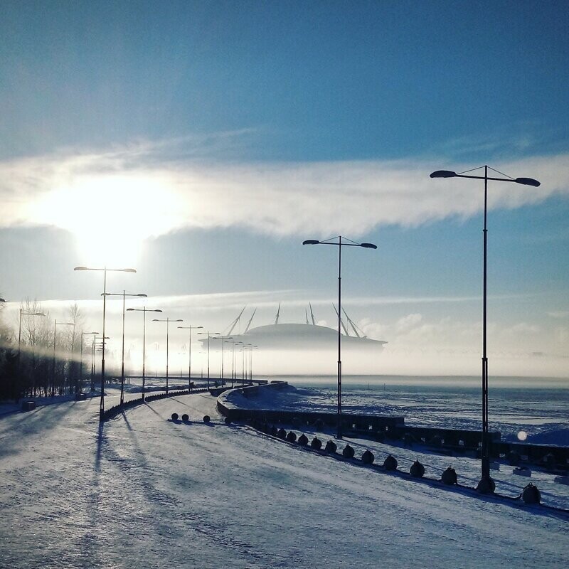 "Газпром Арена" (Санкт-Петербург) в тумане выглядит так, будто к нам наконец-то долетели инопланетяне