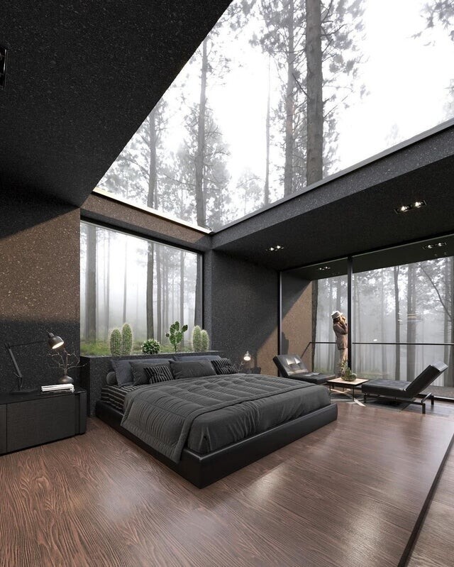 Спальня со стеклянным потолком в этом современном доме