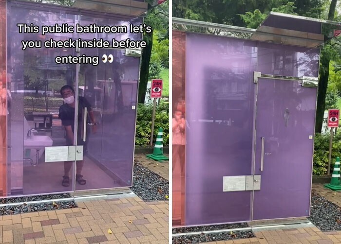 Общественный туалет, когда запираешь дверь, стекло становится непрозрачным
