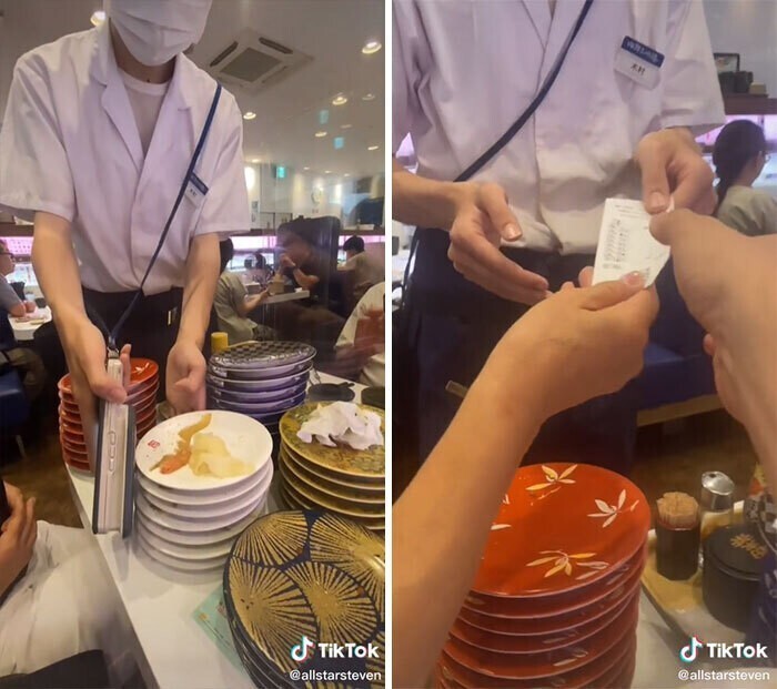 Официант подсчитывает заказ по оставшимся на вашем столе тарелкам