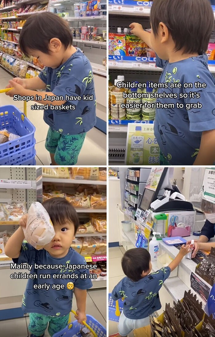В магазинах Японии есть корзины для детей.  Товар находятся на нижних полках, что облегчает их захват. Потому японские дети бегают по поручениям в раннем возрасте