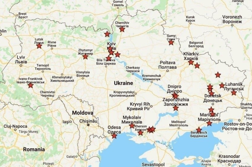 Вот как работает наша разведка на самом деле. Карта известных на данный момент точек, где были уничтожены военные объекты украинской хунты.