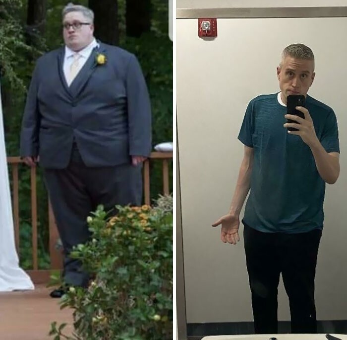 6. "Фото слева — это я ровно три года назад, шафер на свадьбе друга. Тогда я весил около 270 килограмм. Сейчас яя вешу примерно 105"