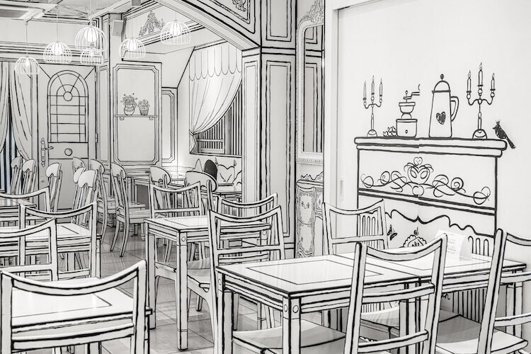 2D Cafe оформлено в стиле черно-белой манги, японского комикса