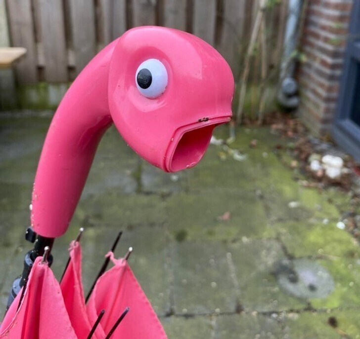 У зонтика в виде фламинго потерялся клюв. Теперь он в шоке