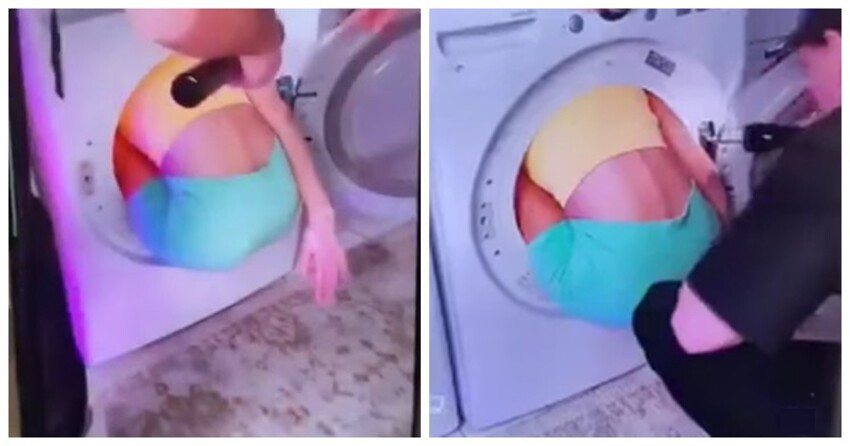 Когда стало скучно: девушка застряла в стиральной машине