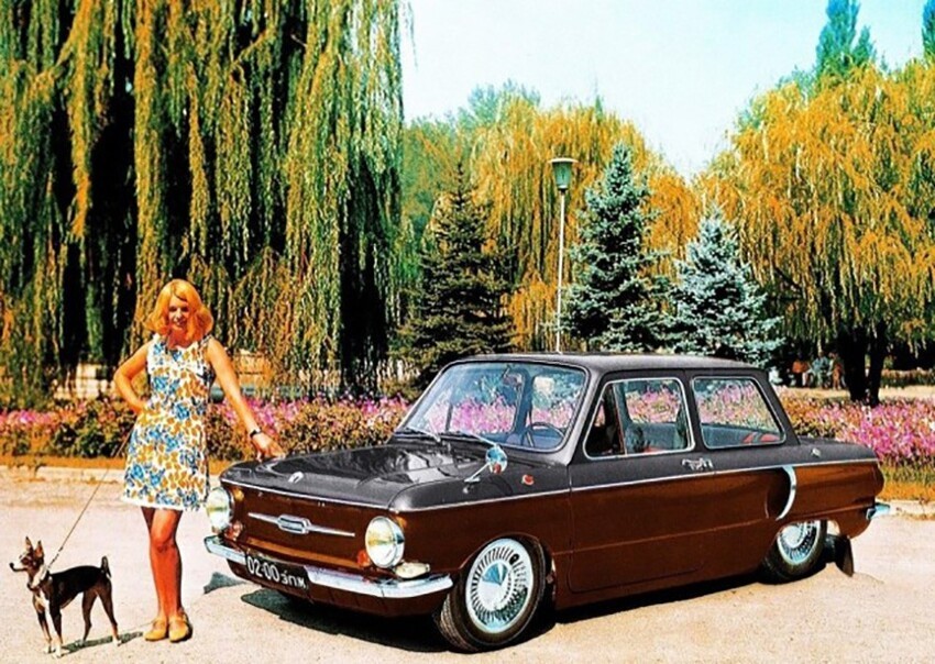 Советская автомобильная реклама Реклама ЗАЗ 968АЕ «Запорожец», необычный семейный стильный по тем временам автомобиль.