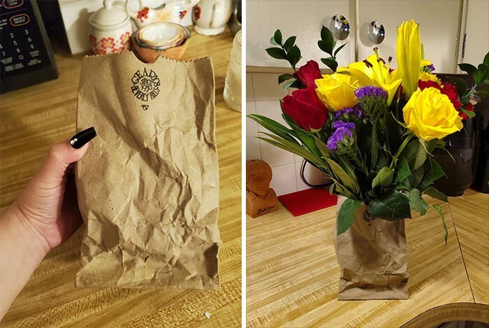27. "Наконец-то нашла вазу для цветов в виде бумажного пакета в местном Goodwill. Я так обрадовалась, что тут же ее схватила"