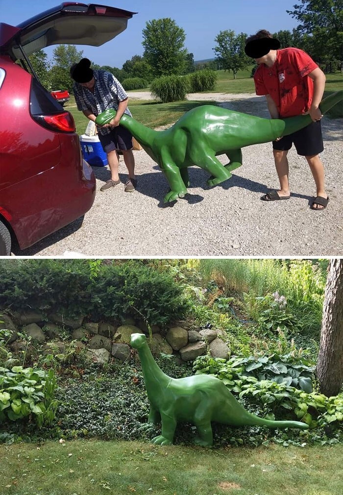6. "Найдено на Ebay. Если вам интересно, 2,5 метровый динозавр помещается в минивэне. На втором фото его новый дом у меня во дворе"