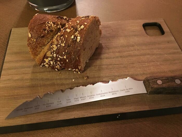 36. Нож для хлеба в швейцарском ресторане, на котором изображены самые высокие горы в Швейцарии