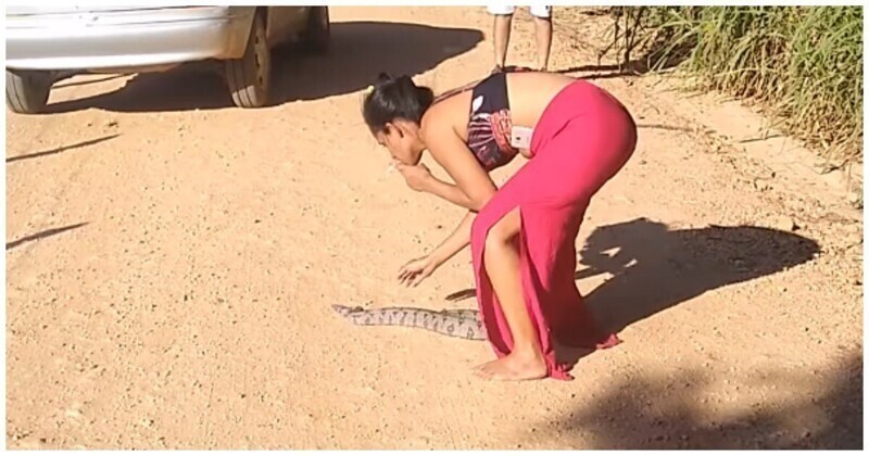 Женщина поймала змею голыми руками
