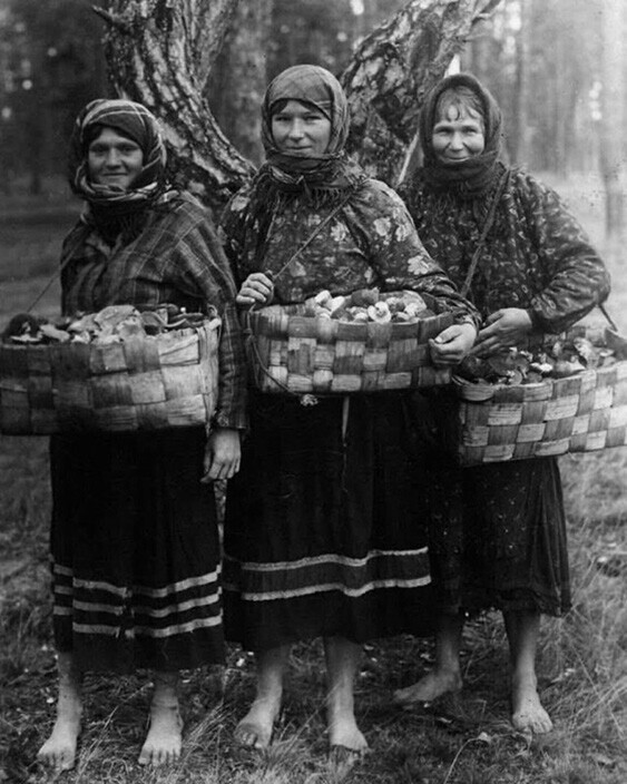 Женщины Волынского Полесья радуются хорошему урожаю грибов. Российская империя, 1909 год.