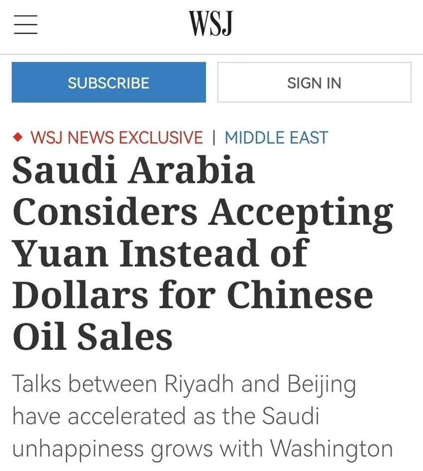 Саудовская Аравия рассматривает возможность продажи своей нефти в Китай за юани вместо долларов