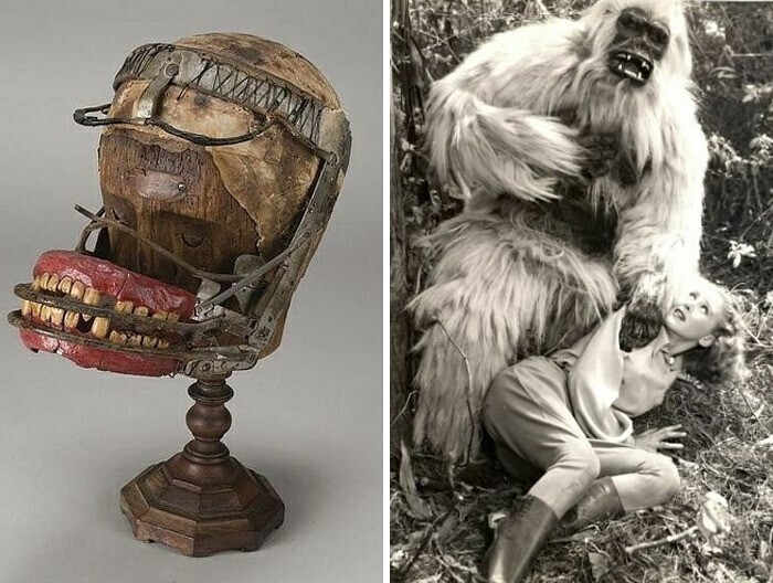 Механические зубы и голова гориллы, которые носил выступавший в роли гориллы имитатор Рэй Корриган, 1945 г.