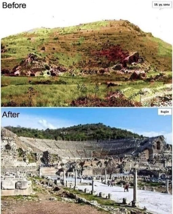  2300-лeтний амфитeатр Эфеcа до и после раскопoк, Турция
