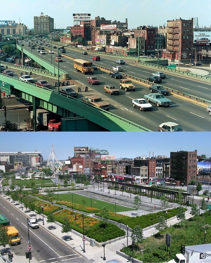 14. До и после строительства Большого Бостонского тоннеля, 1980-е годы и сейчас