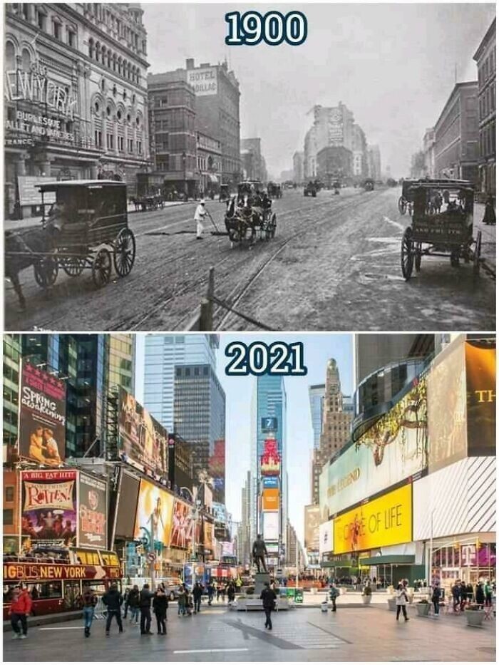 28. Таймс-сквер в 1900 и 2021 гг.