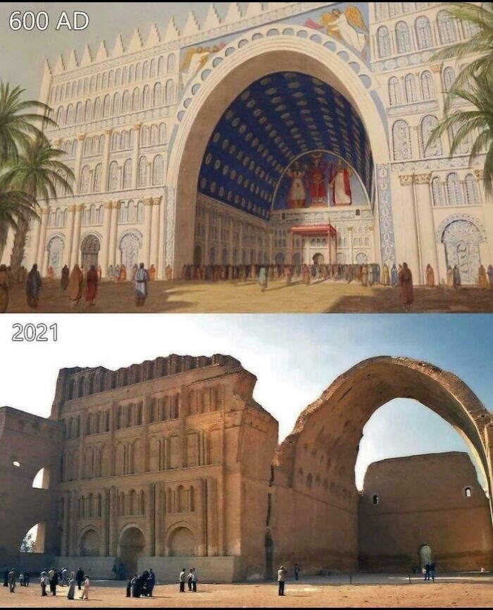 11. Как Ктесифонская арка могла выглядеть в 600 году нашей эры по сравнению с ее руинами в Ираке в 2021 году