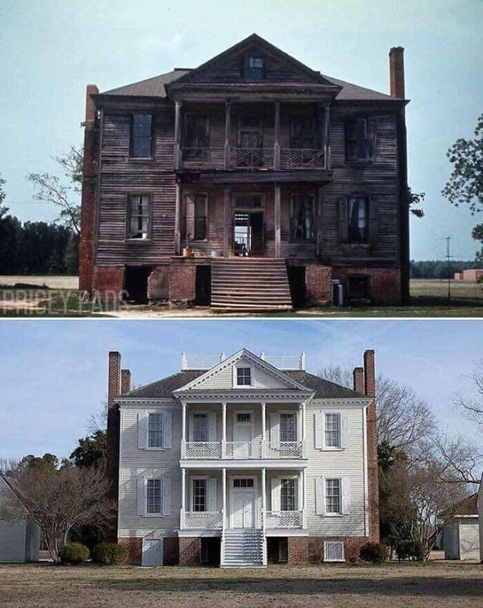 20. Плантация Хоуп, Виндзор, Северная Каролина, построена примерно в 1803 году. До и после реставрации