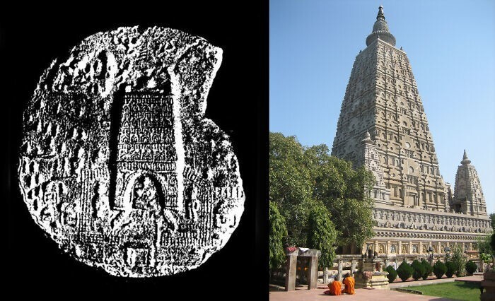 22. Храм Махабодхи в Бодх-Гая, Индия, на плите второго века и то, как он выглядит сегодня