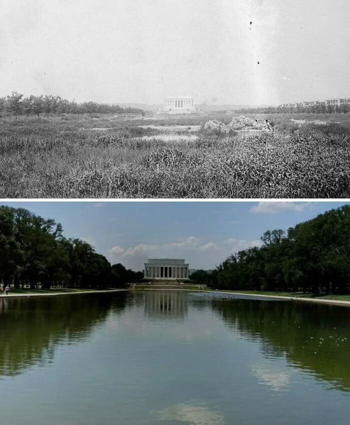 18. Мемориал Линкольну в 1920 году, до строительства Отражающего бассейна и после