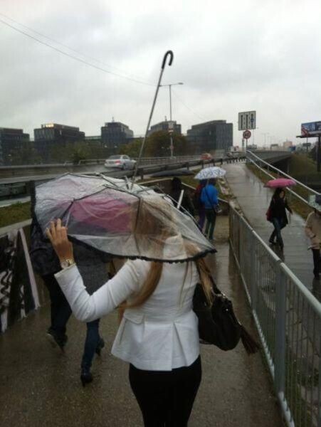 Кто-нибудь ей объяснит, как пользоваться зонтом?