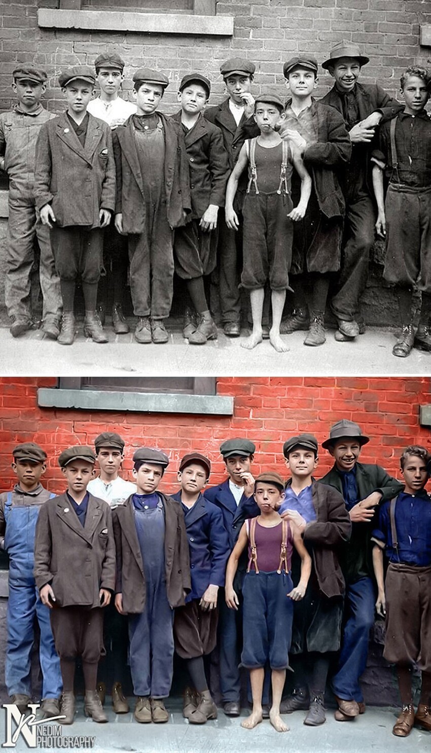 7.  Юные рабочие на фабрике в Массачусетсе, 1911 год