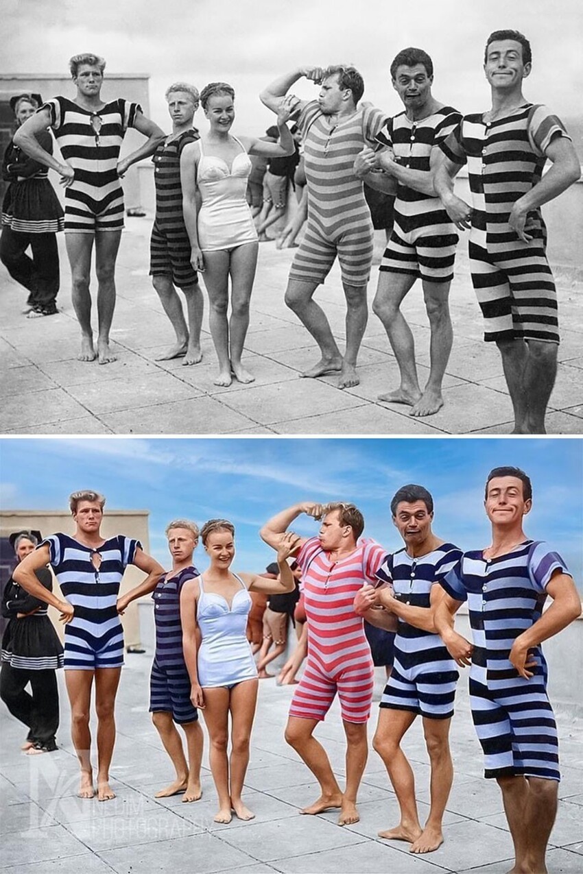 10. Мужчины дурачатся на пляже в старинных купальных костюмах, 50-е годы