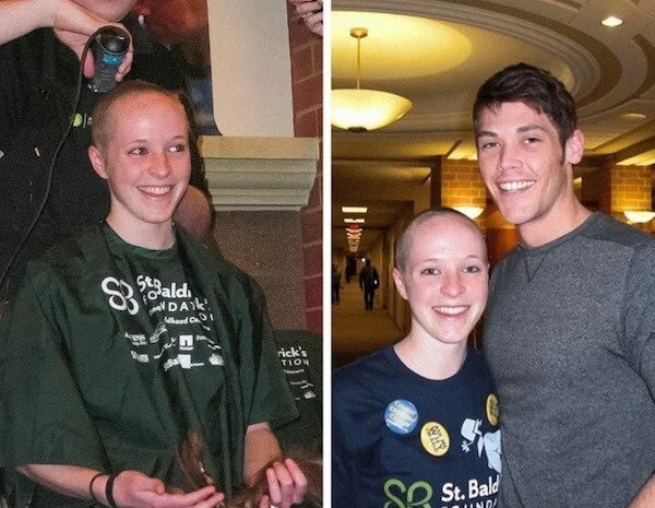 2. «Мои одноклассники хотели сбрить волосы, чтобы собрать деньги на исследования рака. Эта девушка вызвалась добровольцем»
