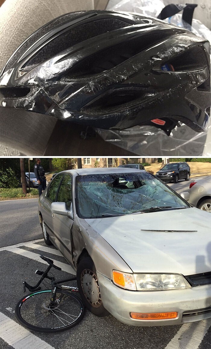 5. "Шлем спас мне жизнь вчера. Был сбит автомобилем, поворачивающим налево, и влетел в лобовое стекло"