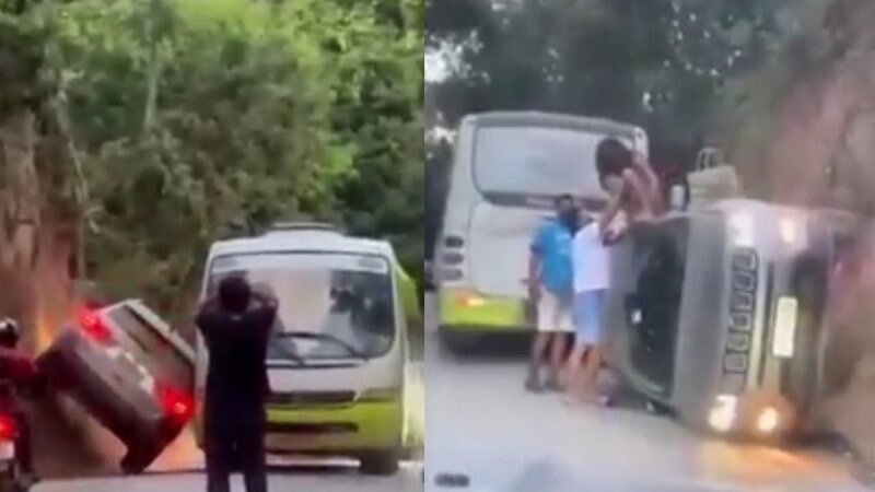 Женщина за рулем кроссовера Jeep переусердствовала, объезжая автобус, и завалилась на бок