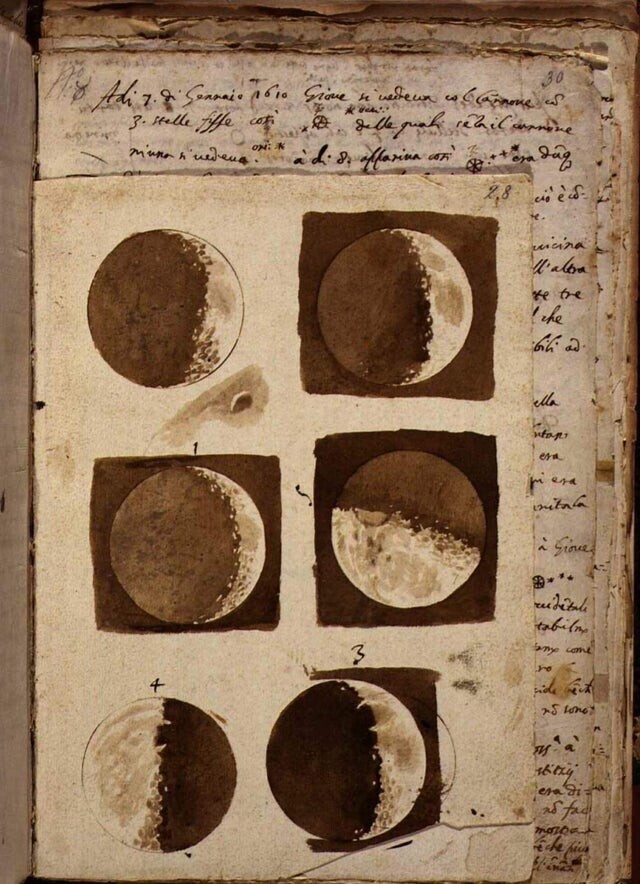 Первые рисунки Луны, сделанные Галилео Галилеем после наблюдения через свой телескоп в 1609 году