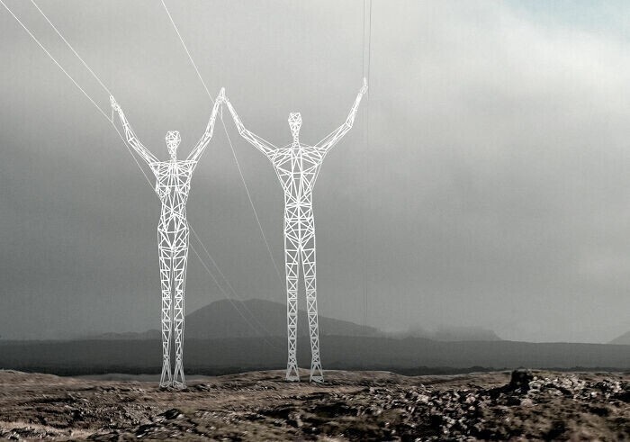Необычные опоры линии электропередачи высотой 120 метров в Исландии