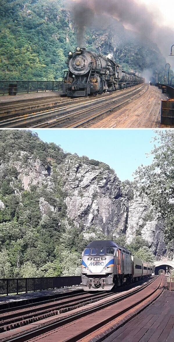 Поезда на Харперс-Ферри, Западная Вирджиния, в 1947 и 2021 годах
