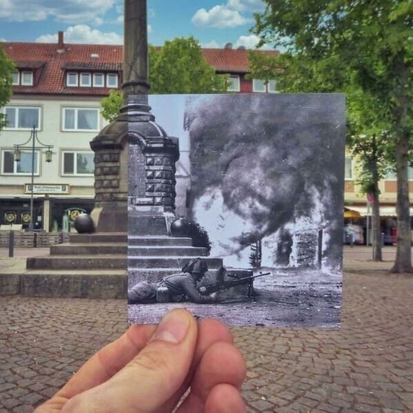 Городская площадь в Ильцене, Нижняя Саксония, Германия - в апреле 1945 и в 2021году