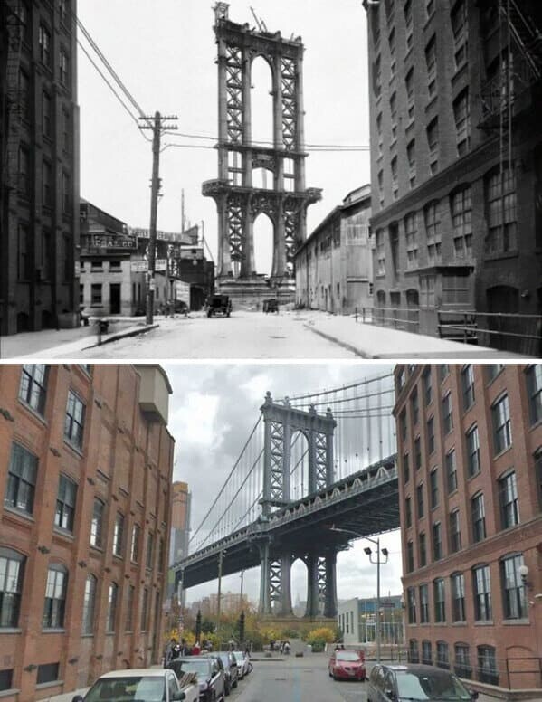 Недостроенный  мост на Манхэттене в 1908 году и сейчас