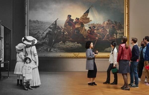Посетители в Метрополитен-музее осматривают картину «Вашингтон, пересекающий Делавэр» Эмануэля Лойце, 1851 г., 1910 и 2019 годы