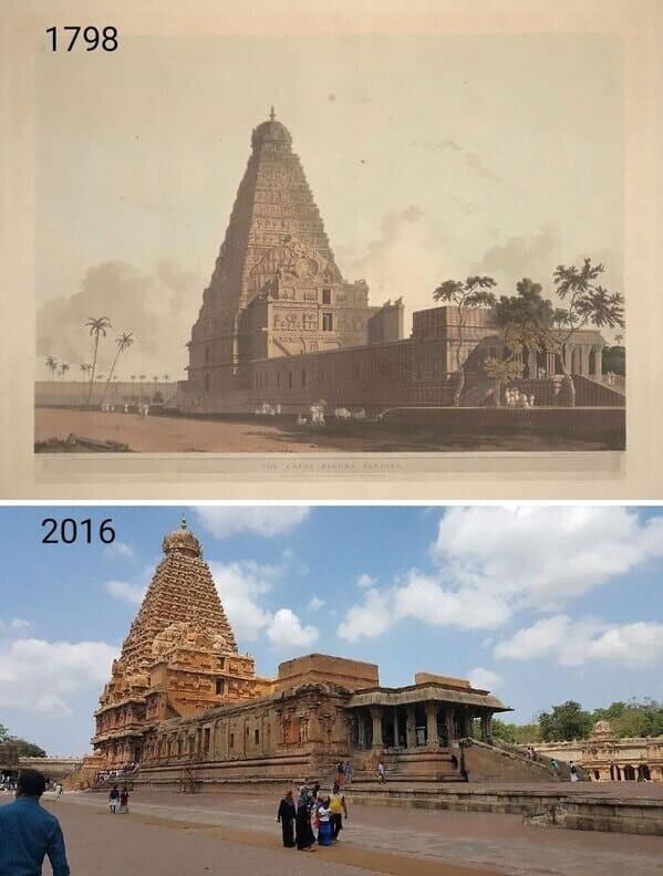 Храм Брихадишвара, Танджавур, Индия. Литография Томаса Даниэля 1798 г. - фото 2016 г. Построен в 1003-1010 гг.