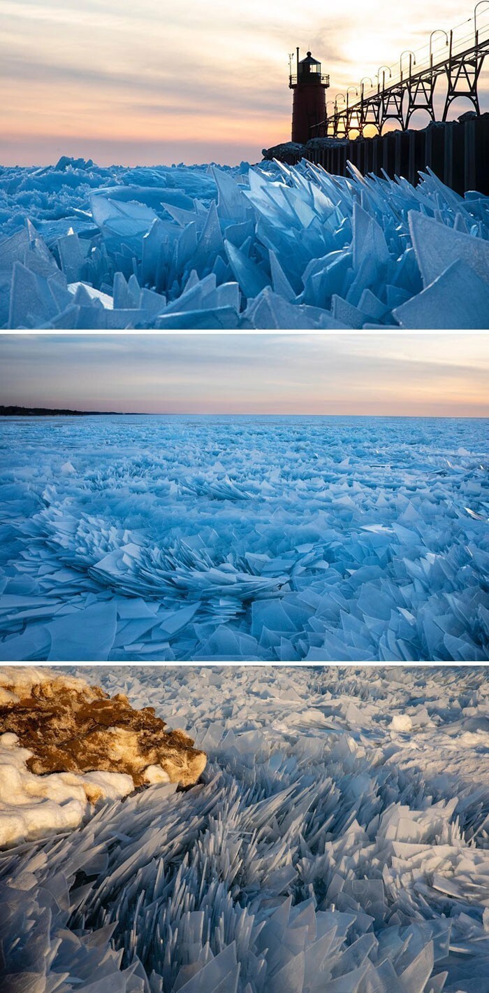 1. Из-за низкой температуры озеро Мичиган раскололось на бесчисленные куски льда