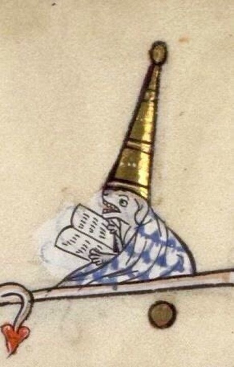 Собака в смешной шляпе читает, Франция, XIV век