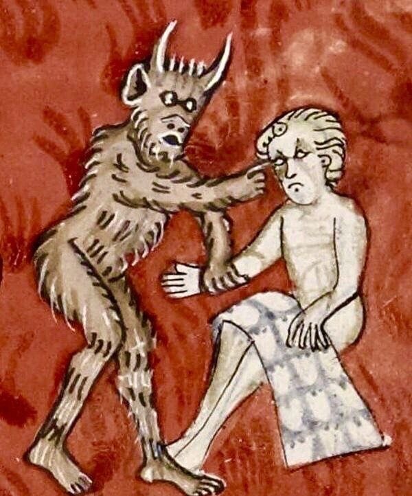 Демон тычет в глаз крайне недовольному парню, XV век