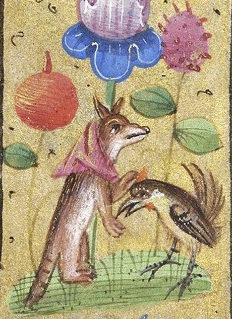 Лиса гладит птицу по голове, Франция, XV век