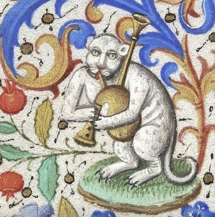 Кот играет на волынке, Англия, XIII век