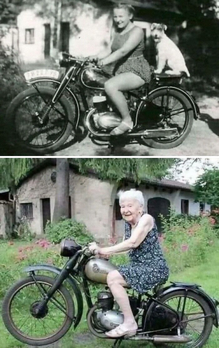 12. То же место, тот же мотоцикл, та же женщина, 72 года разницы