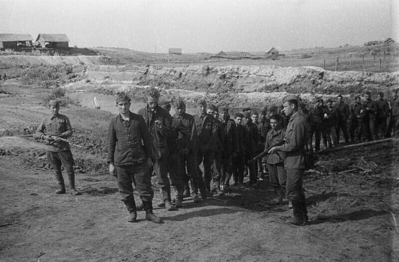 Колонна солдат вермахта, плененных на Калининском фронте Время съемки: 14.08.1942 года
