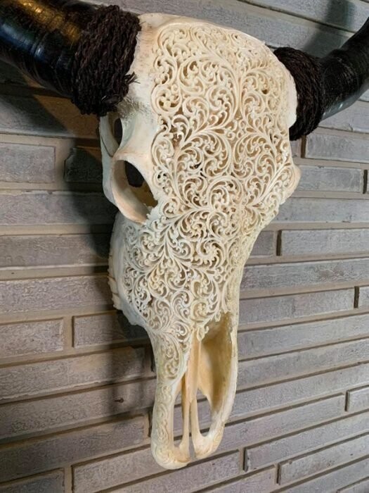 Вырезанный вручную череп быка