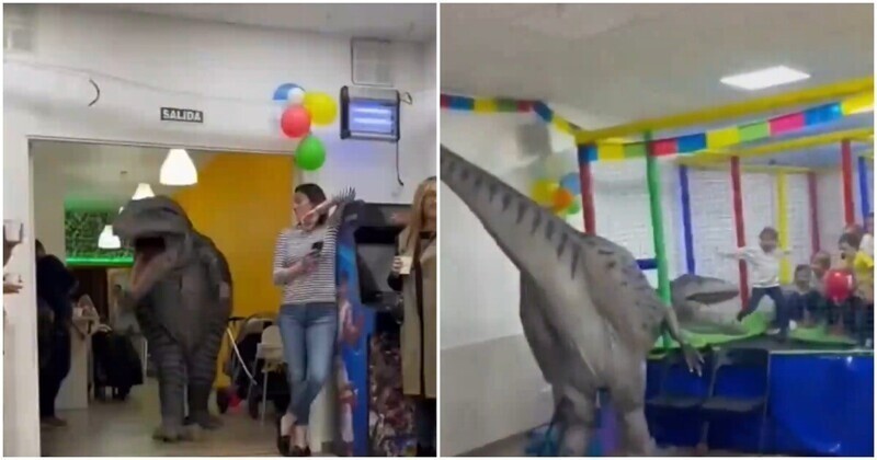 Аниматор в костюме динозавра устроил переполох на детском празднике